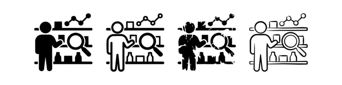 Set of Retail Inventory Analysis Icons with Person, Magnifying Glass, and Data Graph representing Market Research and Product Audit in Different Styles.