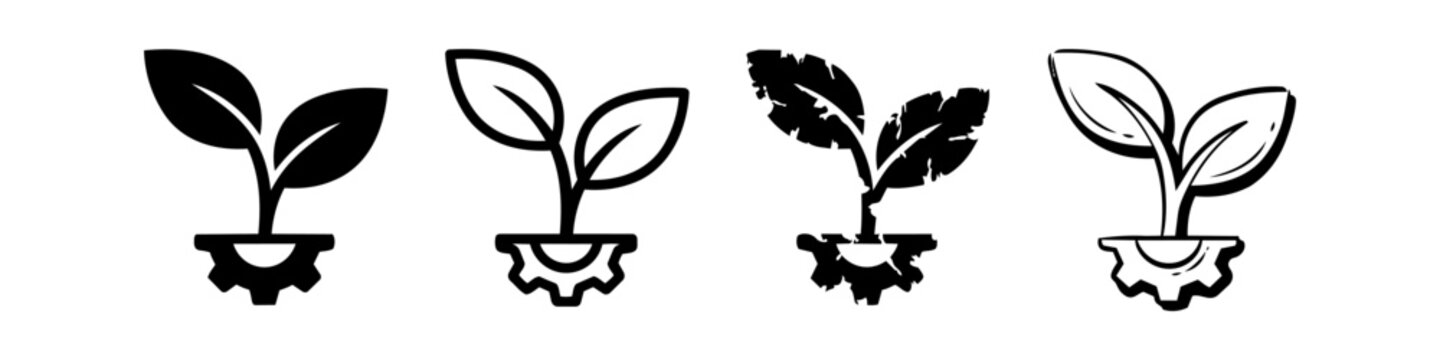 Sustainable Industry and Eco Technology Icons Set: Plant Sprout Growing Out of a Gear Representing Green Innovation, Environmental Engineering, and Renewable Energy Development