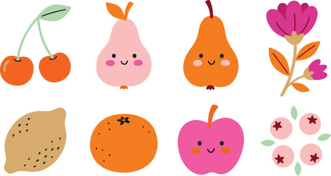 Cute cartoon fruit character sticker set with smiling apple pear cherry orange and flower vectors