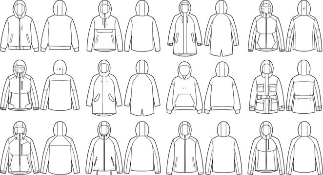 Fashion technical sketch collection of men and women outerwear jackets and hoodies showing front and back views