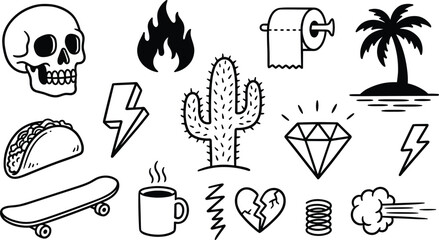 Retro street style doodle sticker set with skull cactus diamond skateboard taco and flame vectors © farida