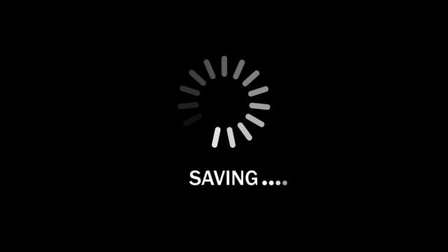 saving text with circular loading progress animation on black background. 4k video 