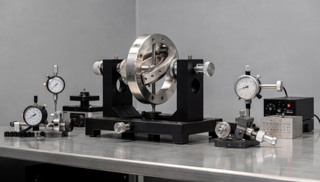 Medium shot of a precision gyroscope mounted on a calibration bench featuring detailed instruments for accurate alignment in a controlled indoor environment.