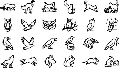 Fototapeta premium Halloween Wildlife and Spooky Night Animals Line Icon Set with Owls, Crows, Cats, Wolves, and Mice Symbols for Festive Holiday Graphic Designs and Digital Apps