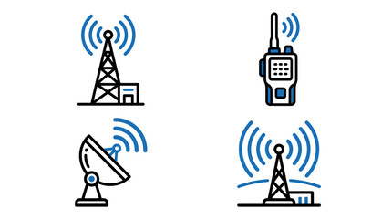 Fototapeta premium Communication Technology Icons: Towers, Satellite Dish, Walkie-Talkie