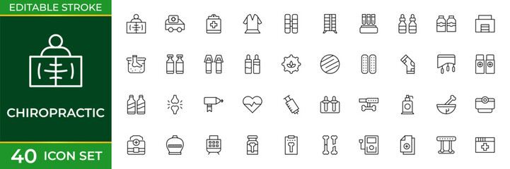 Fototapeta premium Chiropractic and Health Line Icon Set for Spine Care, Physical Therapy, Wellness, Rehabilitation and Musculoskeletal Treatment Outline Vector Collection