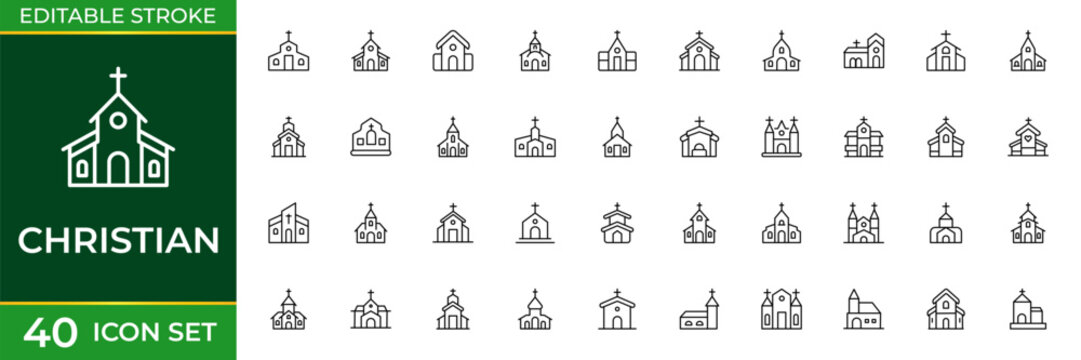 Christian Line Icon Set for Faith, Church, Prayer, Bible, Worship and Religious Symbols Outline Vector Collection