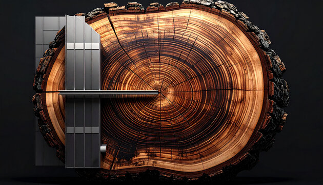 Abstract Representation of Industry and Nature: A striking visual juxtaposes the organic rings of a tree trunk slice with the sharp, metallic lines of industrial architecture.