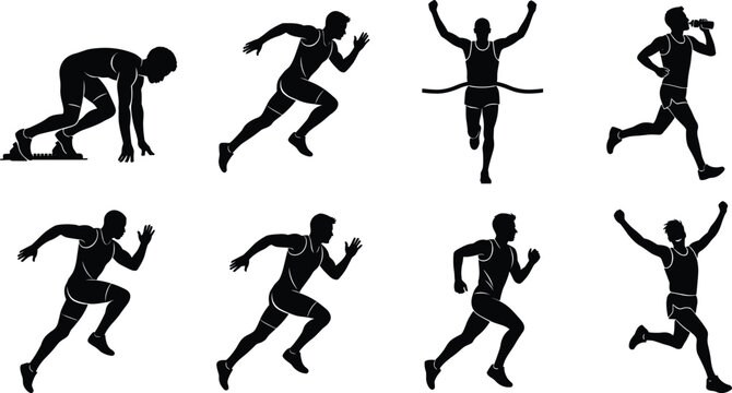 Professional athlete running sprint race actions collection set starting block sprinting cross finish line celebrating victory vector