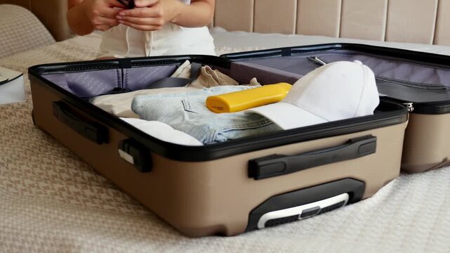 Close-up of a woman packing travel essentials into a hard shell suitcase before vacation. Preparing luggage for a holiday trip at home with organized clothing and personal belongings.