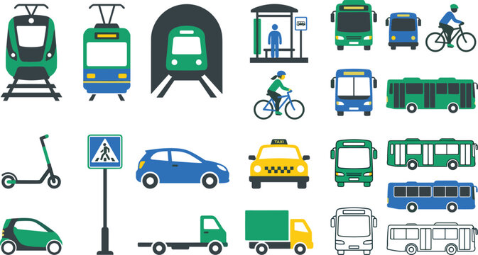 Public transport flat icon set with train bus taxi car bicycle scooter and transit vectors
