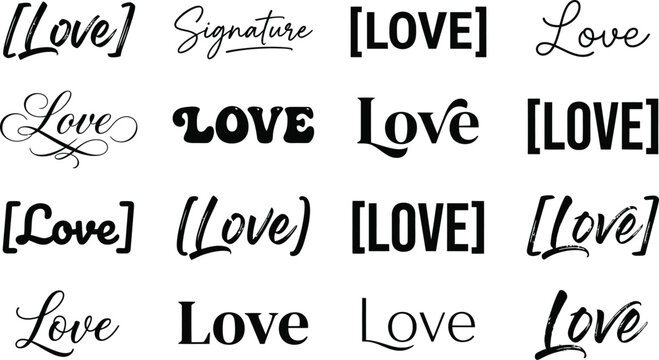 Various styles of love typography designs for commercial branding and graphic elements