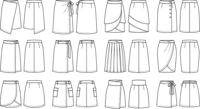 Fashion technical sketch collection of women skirts featuring front and back views with various wrap pleated and button details