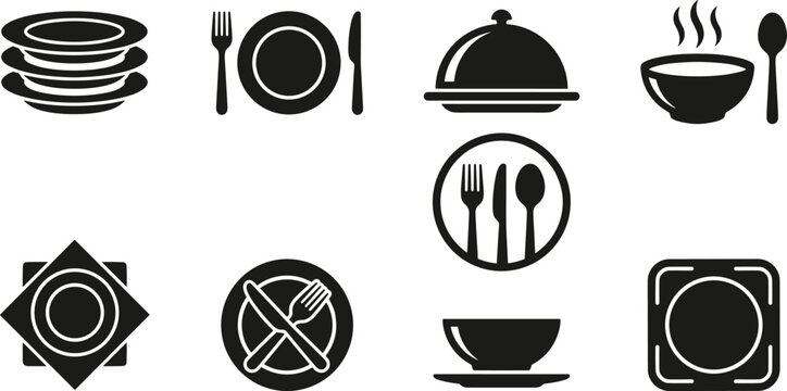 Restaurant tableware silhouette icon set with plates fork knife spoon cloche bowl and dining vectors