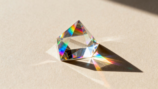 A clear glass prism refracting light to create a spectrum of rainbow colors on a beige surface.