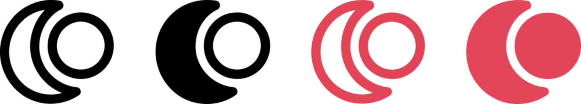 Four minimalist crescent moon shapes in black and red colors on white background