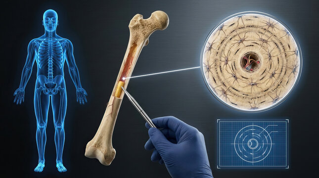 Bone femur anatomy skeleton osteoporosis healthcare medical science scan research clinical illustration showing femur bone biopsy analysis with human skeleton diagram, microscope view of bone