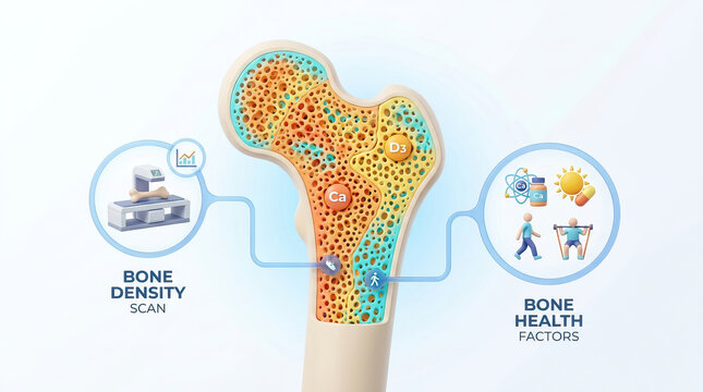 Bone density scan osteoporosis skeleton fracture medical healthcare diagram concept illustration showing porous hip bone cross section with calcium and vitamin d, plus bone health factors