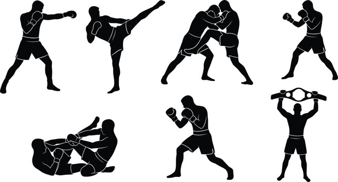 Professional mixed martial arts fighters combat training actions collection with boxing grappling kicking and champion belt celebration