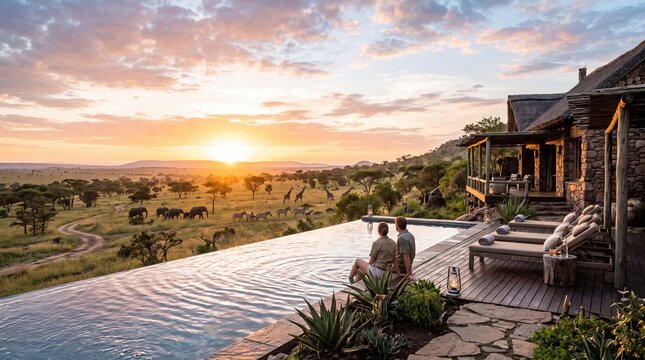 Couple enjoying sunset over african savanna from infinity pool at luxury lodge