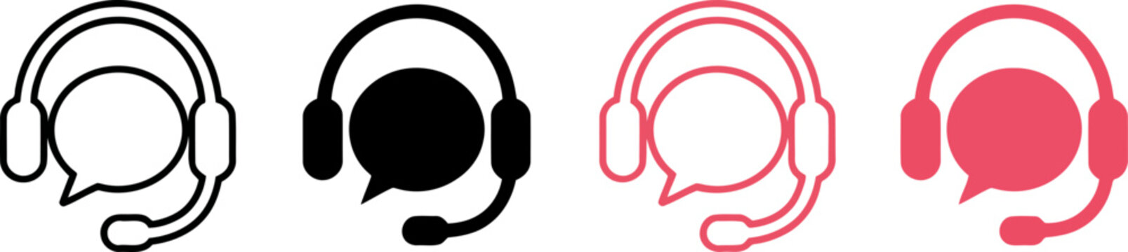 Headset icons with speech bubbles in black and red colors for customer support