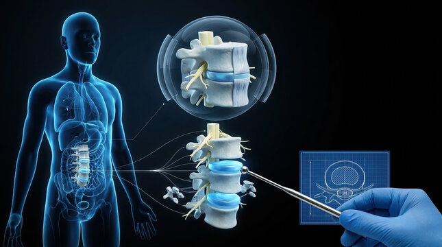 Spine surgery medical illustration vertebra spinal cord surgeon microscope 3d render intervertebral disc nerve anatomy planning concept showing male body silhouette and vertebra model with