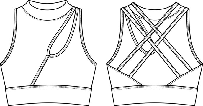 Fashion technical sketch of a stylish women's crop sports bra with cut-out front and strappy crisscross back detail