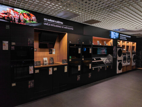Prague, Czech republic - June 13, 2026: Modern kitchen appliances Haier display in prague store
