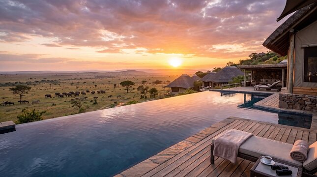 Luxury safari lodge infinity pool overlooking african savanna at sunset