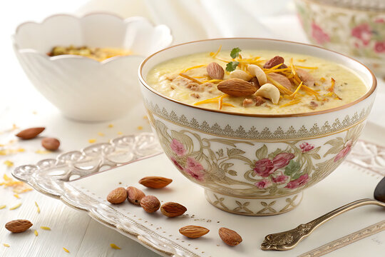 Premium food ad of kheer in elegant ceramic bowl 
