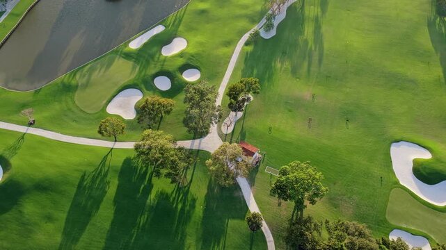 Active lifestyle. Playing game on green grass. Summer activity. Professional sport outdoor. Aerial landscape with sport golf course. Aerial golf field professional course. Golf club