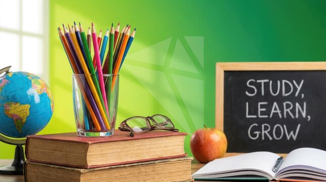 Colorful pencils and chalkboard with study motto