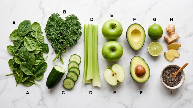 Fresh ingredients for a healthy smoothie on a marble background