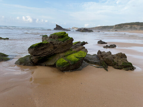 During a powerful Atlantic low tide, unusually shaped rocks covered with bright green algae emerge on the sandy beach, revealing a hidden part of the coastline normally beneath the sea.