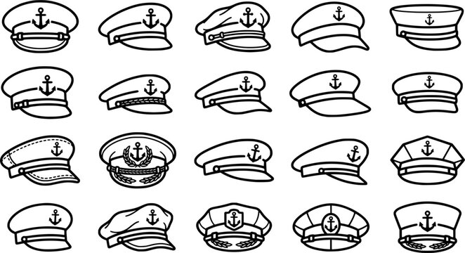 Navy Captain Hat Outline Icon Set with Sailor Caps, Anchor Emblems and Maritime Officer Headwear