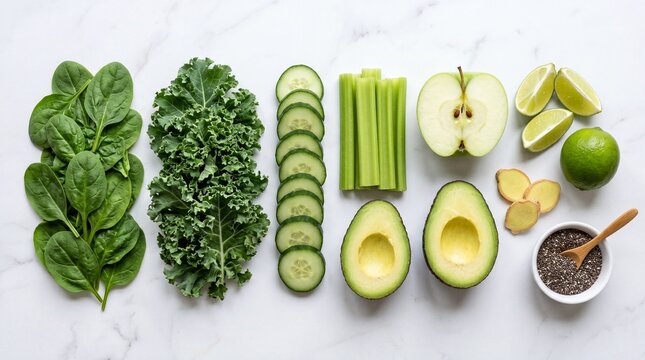 Healthy green smoothie ingredients isolated on white background