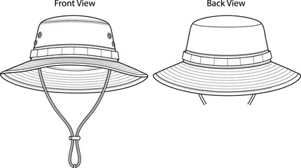 Fashion technical sketch of bucket boonie hat vector illustration displaying front and back view with adjustable chin strap cord © Utpal