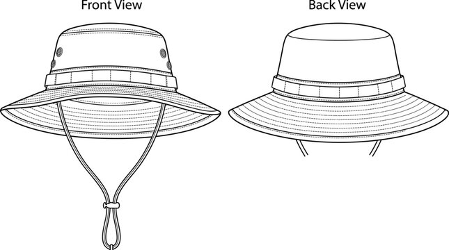 Fashion technical sketch of bucket boonie hat vector illustration displaying front and back view with adjustable chin strap cord