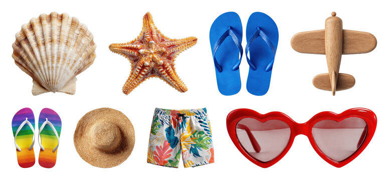 PNG Summer beach accessories collection with shell, starfish, flip flops, transparent background