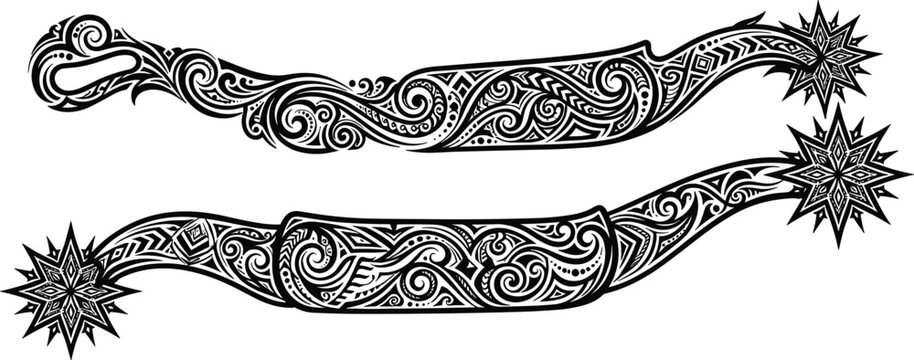 Traditional cowboy boot spurs with ornate tribal filigree pattern engraving for western equestrian riding gear emblem design