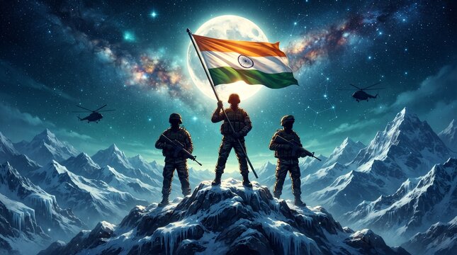 Kargil Vijay Diwas, Kargil victory day, indian army silhouette, holding flag, icy mountain