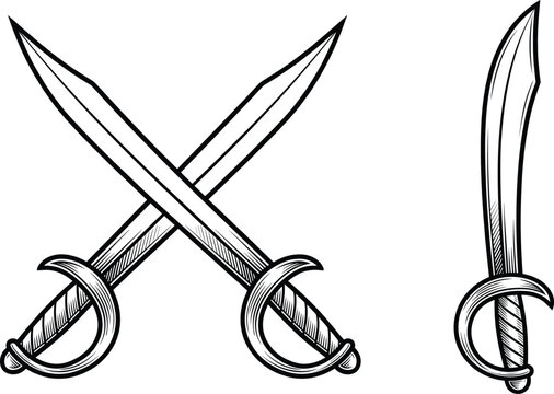 Crossed Pirate Cutlass Engraving Style Hand Drawn Sword Vector Illustration and Saber Icon Set