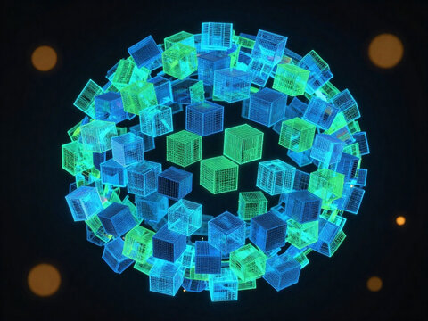A central, glowing digital torus structure composed of complex, interlocking blue and green geometric cubes and wireframe nodes, set against a dark background