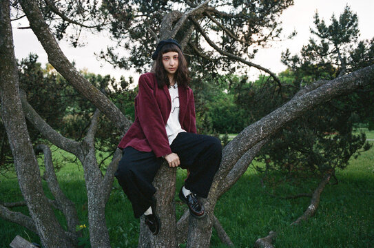Young person sits on a tree branch in a green field