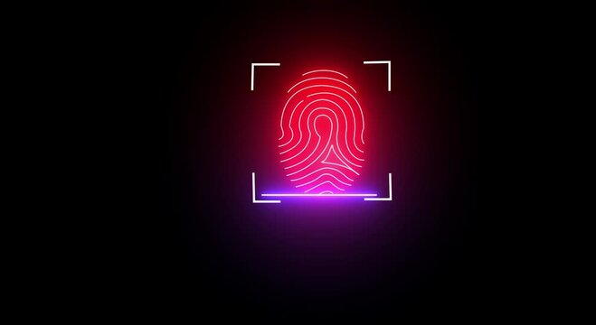 Neon red fingerprint biometric scanner glowing with digital verification lines a high tech icon used for identity and security scanning