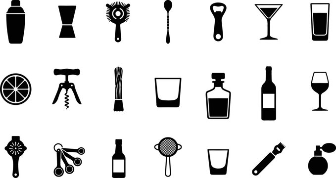 Bartending and Cocktail Making Solid Icon Set Featuring Bar Utensils, Shakers, Glassware, Bottle Openers, and Mixology Equipment Symbols for Restaurant Menus and Mobile Apps