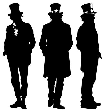 PNG Silhouettes of three men in top hats with stars, transparent background