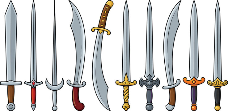 Fantasy and Medieval Sword Collection Flat Vector Illustration Set with Curved and Straight Blades