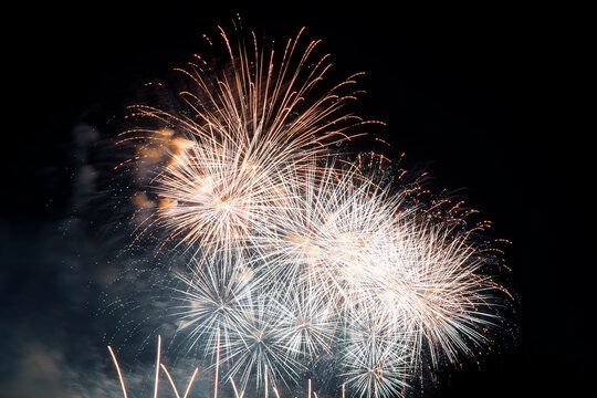 Vibrant white and golden bursts of light explode across the dark night sky, creating a dazzling display of fireworks during a festive summer evening celebration
