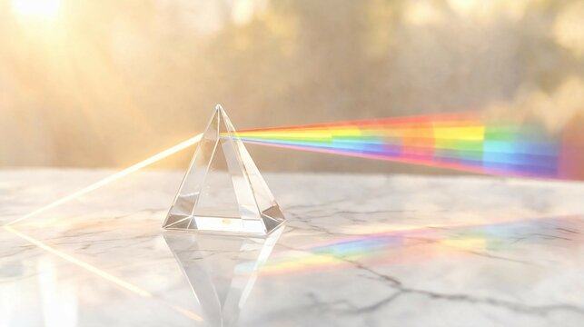 Clear glass triangular prism splitting a bright beam of white light into a vibrant rainbow spectrum